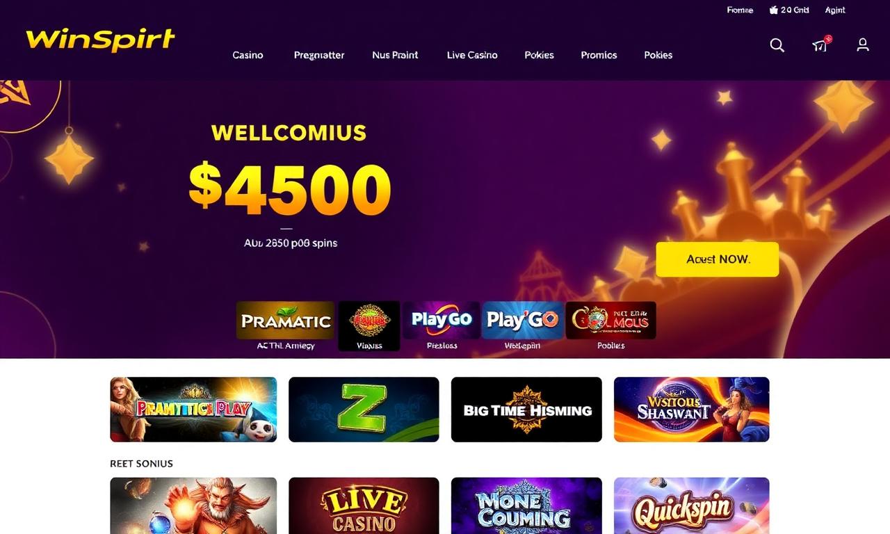 WinSpirit Casino Australian homepage showing welcome bonus, pokies grid and live casino lobby