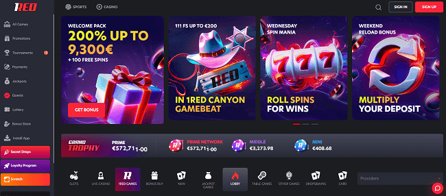 1Red casino home pagina