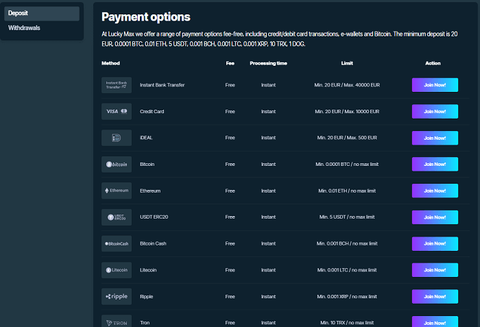 Betaalmethodes bij luckymax casino