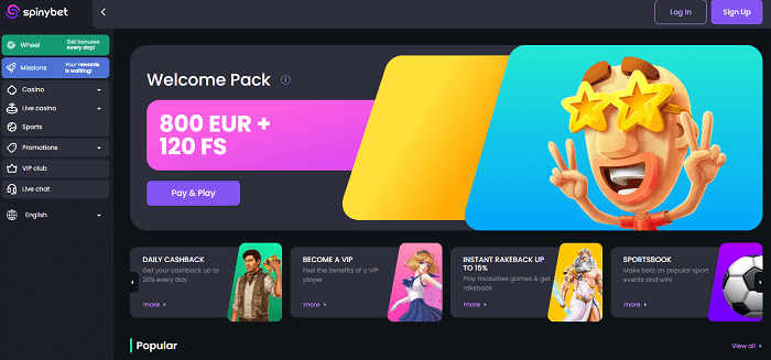 Home pagina bij Spinybet casino