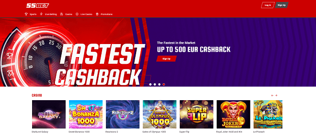 Home pagina van 55bet casino