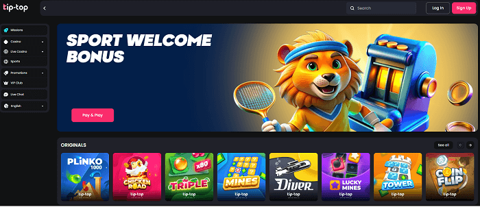 home pagina van Tip top casino