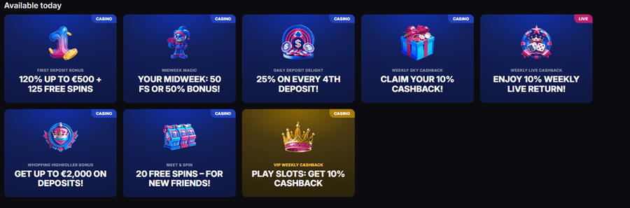 Skycrown ongoing promotions including first deposit bonus, midweek magic, daily deposit delight, weekly cashback and VIP rewards