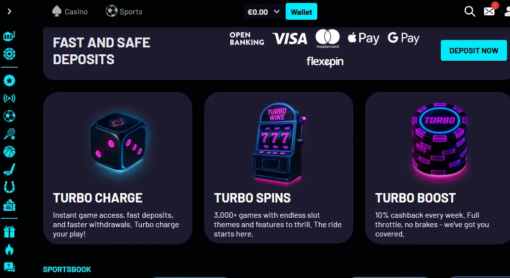 turbo wins casino homepage impression