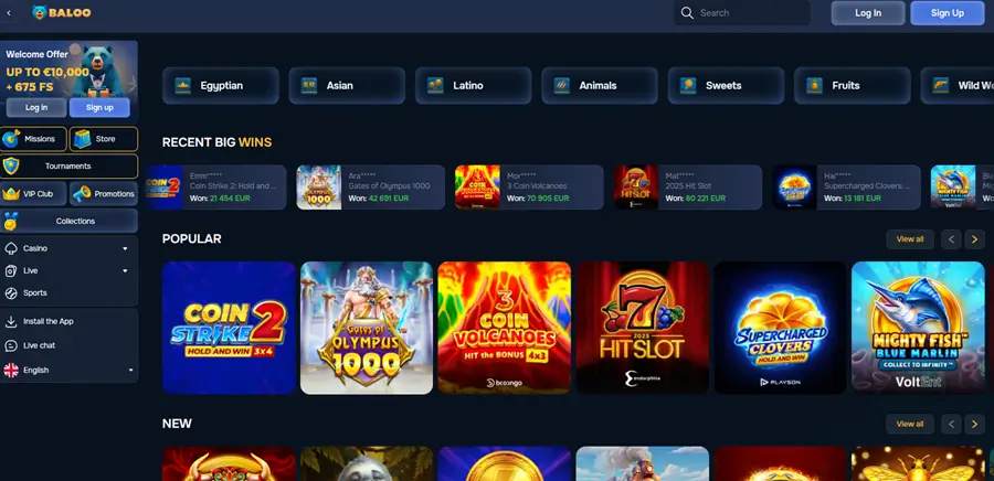 Baloo casino homepage screenshot