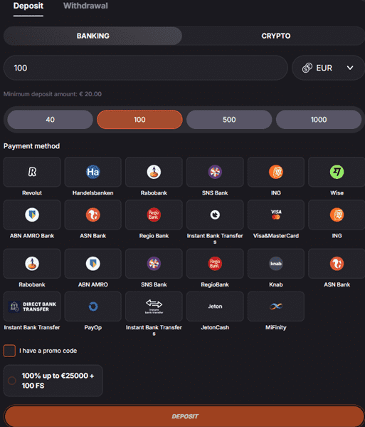 betsomnia deposit scherm screenshot